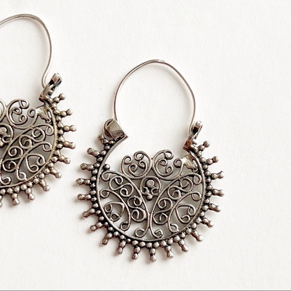 Sterling Silver Bohemian Hoop Earrings India Scroll Design - Picture 5 of 9